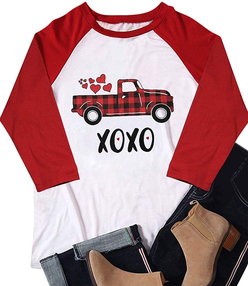 XOXO Heart Plaid Truck Valentine's Day Cute T Shit Women's Graphic 3/4 Raglan Baseball Tops Tees