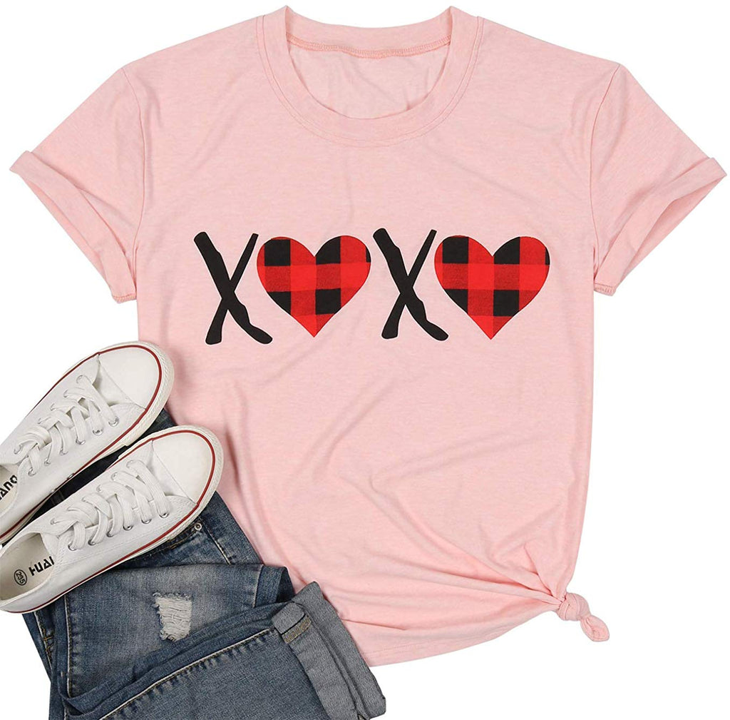 XOXO Heart Plaid Shirt Women Valentines Day T-Shirt Letter Print O-Neck Tee Short Sleeve Tops Blouse